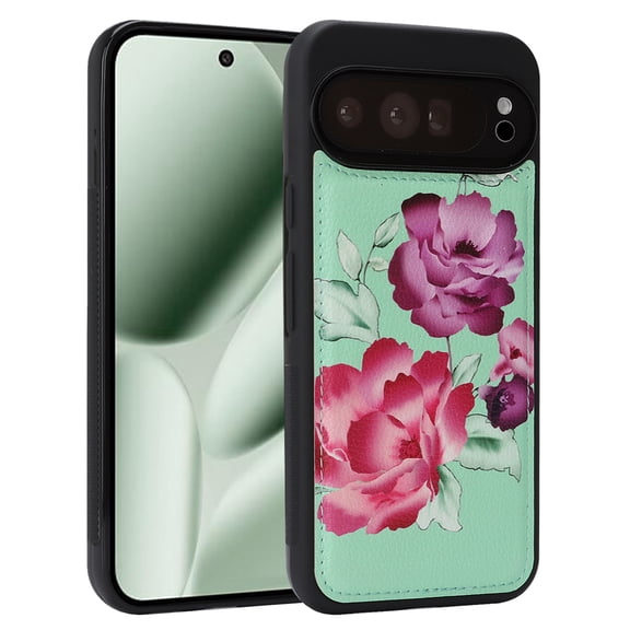 Floral PU Leather Case for Google Pixel 10 /10 Pro, Slim Shockproof Protective Cover, TPU Bumper Anti-Scratch Lightweight Elegant Phone Case for Women Girls, Green