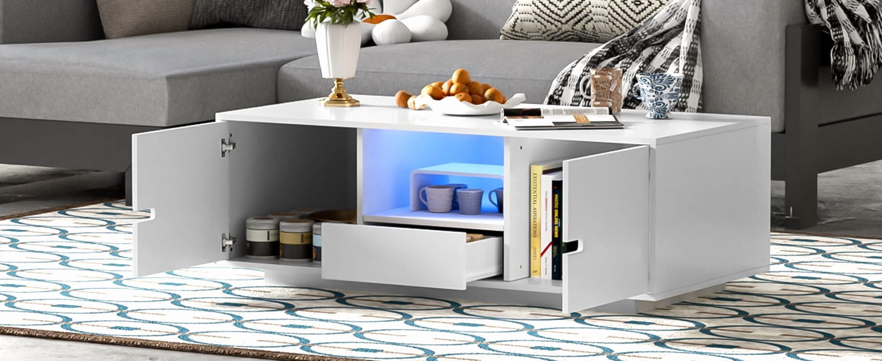 Euroco Modern High Gloss Coffee Table with LED Lights, 16 Colors & Remote Control, Storage Drawer and Cabinets, MDF Living Room Center Table with Shelves, 47.2''W x 23.6''D x 15.7''H