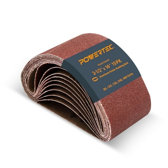 POWERTEC 15PK 2-1/2 x 16 Inch Sanding Belts for Belt Sander, 3 Each of 80, 120, 150, 240, 400 Grits, Aluminum Oxide Belt Sander Paper Assortment for Wood & Paint Sanding, Metal Polishing, 401500