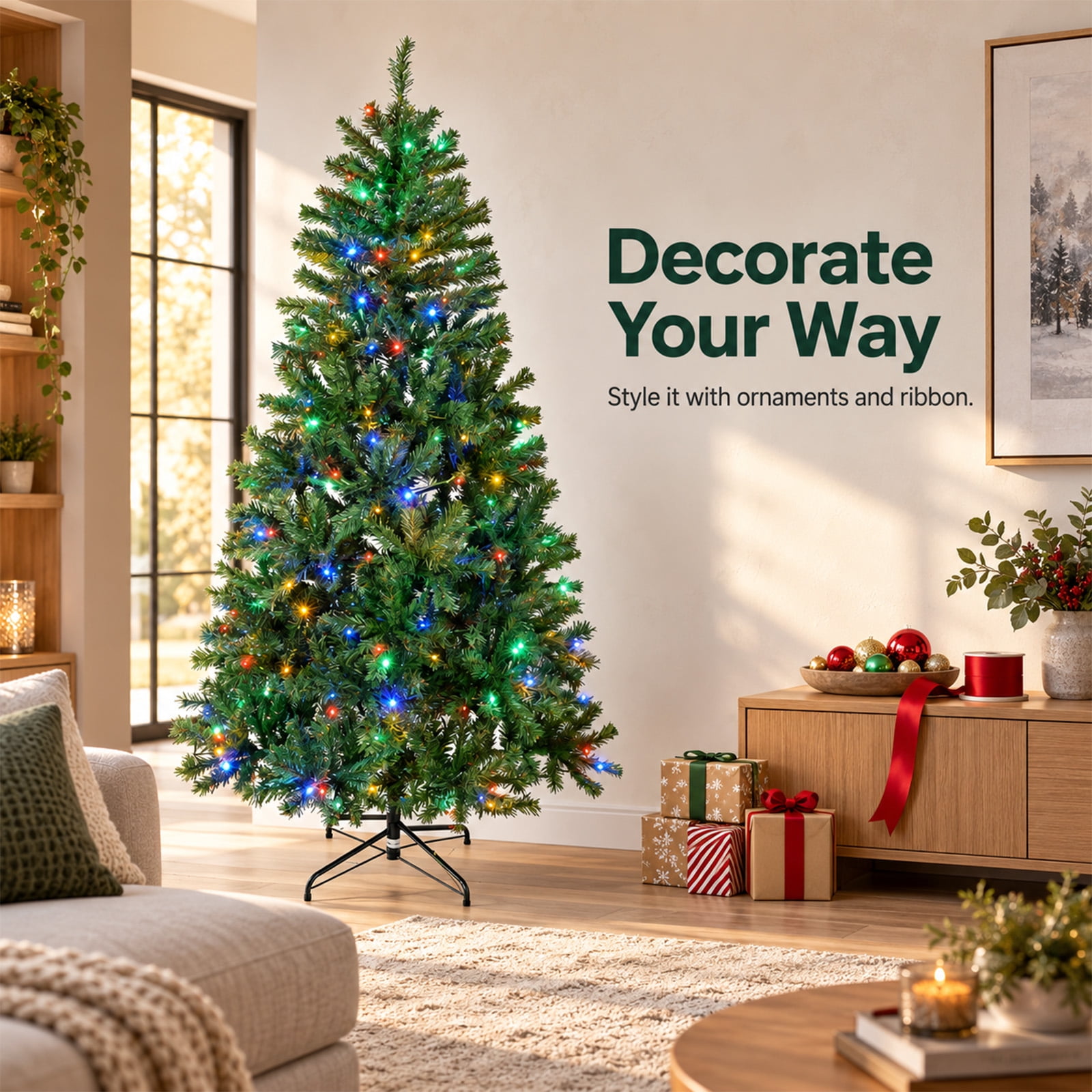 Alvantor Pre-Lit Artificial Christmas Tree with Colorful Lights for Home, Green 9FT