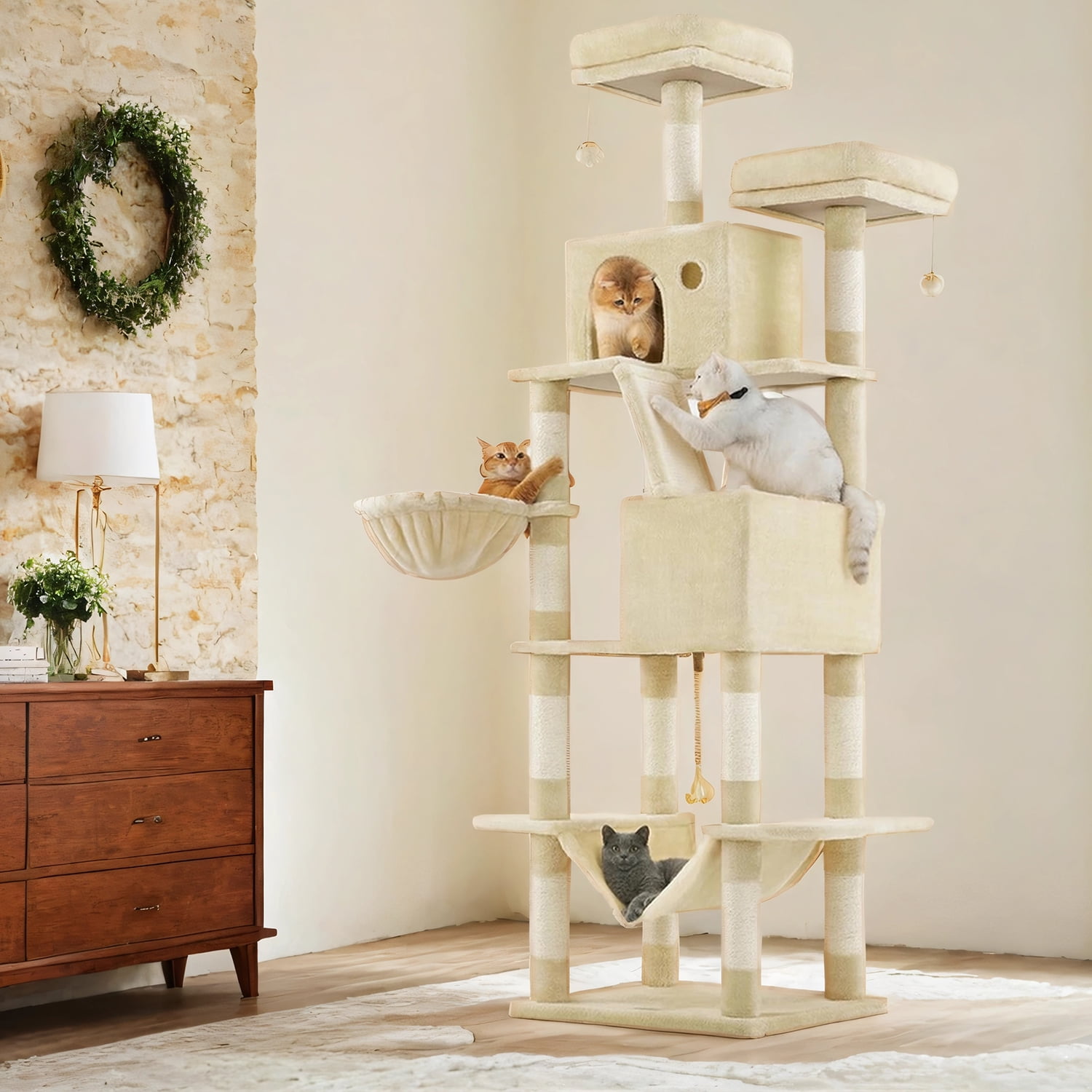 LEDREM 81.1-Inch Cat Tree Tower with 13 Scratching Posts & Hammock - Multi-Level Cat Condo with 2 Perches & Caves for Large Cats, Beige