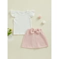 thumbnail image 2 of Biekopu Toddler Girl Summer 2Pcs Outfit Solid Color Fly Sleeve Ribbed Tops with Bow Tweed Mini Skirt Set, 2 of 9