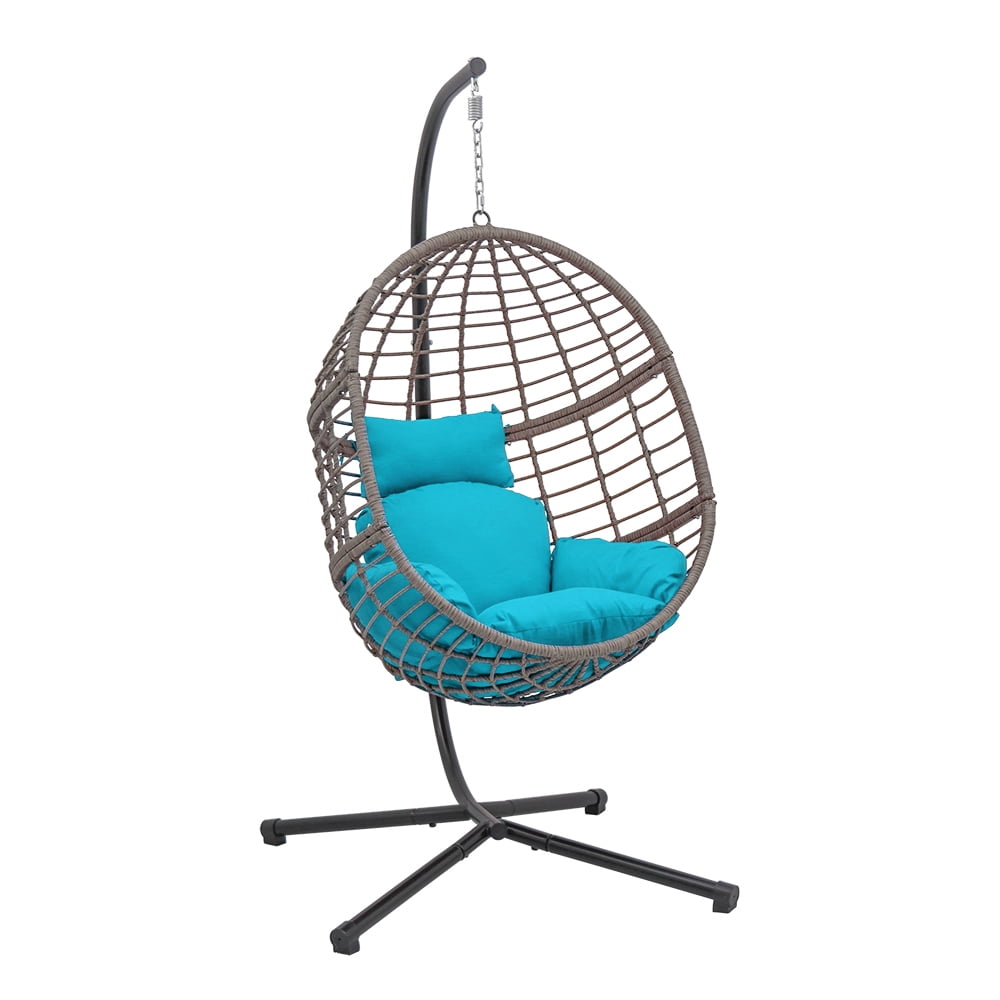 Abble Wicker Hanging Egg Chair with Cushion and Stand - Blue
