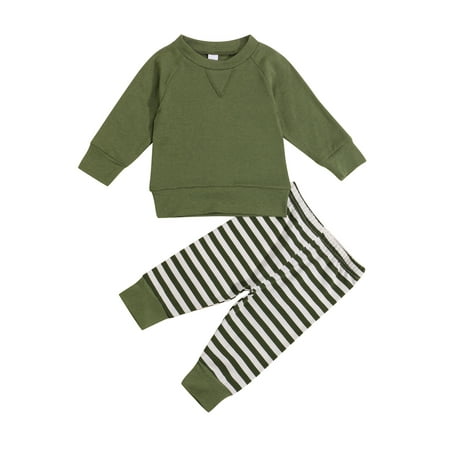 

Sunisery Unisex Newborn Baby Boy Girl Long Sleeve Solid Shirt Top Striped Leggings Pants 2Pcs Fall Outfits Green 0-3 Months