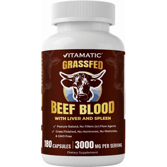 Vitamatic Grass Fed Beef Blood with Liver and Spleen Freeze Dried Non-GMO Pasture Raised Glandular Supplement 180 Capsules