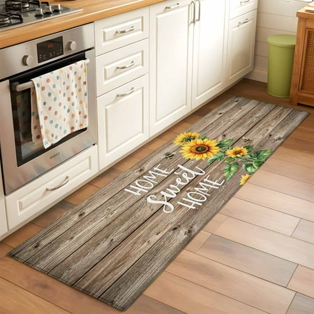 Sweet Home Washable Area Rug 2x6 Sunflower Vintage Rustic Brown Stripe Wood Board Low-Profile Area Rugs with Non Slip Backing Indoor Floor Carpet for Entrance Living Room Bedroom Home Office