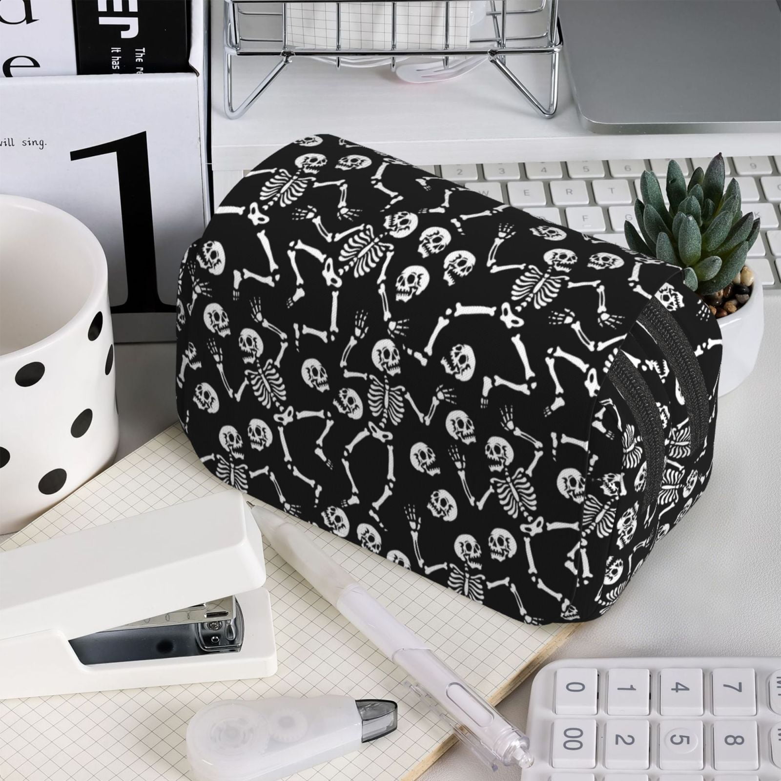 Rateoe Skeletons Dancing Pattern Double Clamshell Pen Case, Storage Organizer with Two Zipper Compartments– Holds Up to 50 Pencils & Pens
