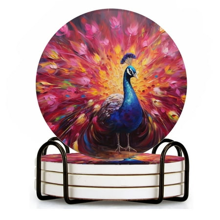 

BaHomeck Drink Coasters Set of 4 with Holder vibrant peacock with feathers in shades of pink Water Absorbent Ceramic Coasters Tabletop Protection Suitable for Various Cup Home Decor