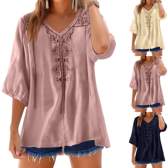 Summer Linen Blouses for Women 2026 Trendy V Neck Boho Embroidered Tops Half Sleeve Vacation Dressy Casual Shirts Peasant Tees Spring Trendy Womens Tops Beige L