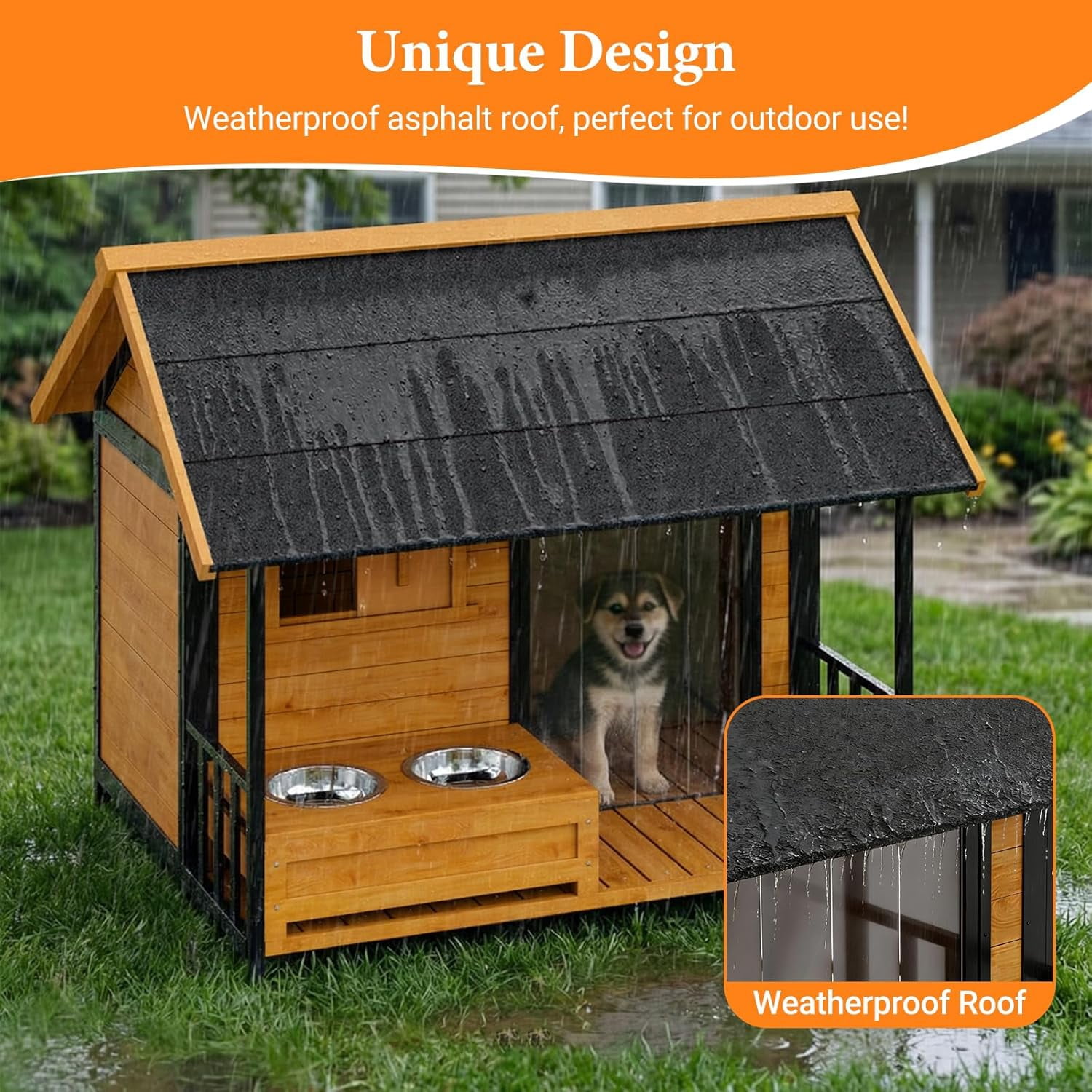 HomeSheek Large Outdoor Dog House with Bowl Stand, Weatherproof Roof & Iron Frame, Easy Assembly, Pet Kennel for Small Medium Large Breeds