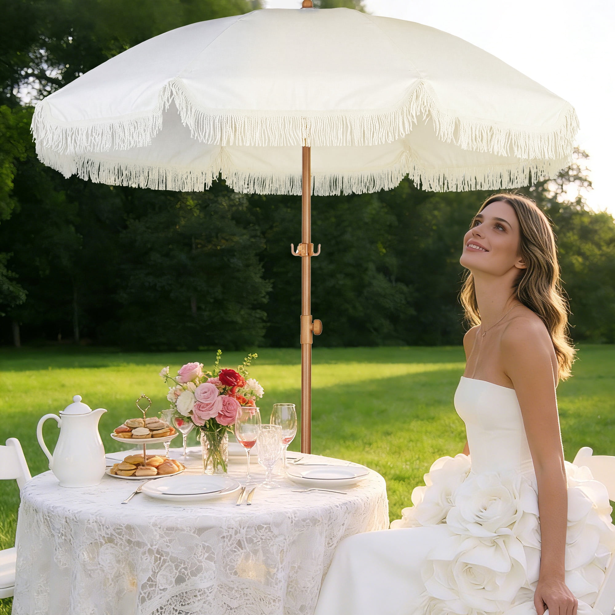 HOMEDEMO Boho Patio Umbrella with Fringe & Tassel - UPF50+ Sun Protection, Push Button Tilt, Premium Aluminum Pole & Fiberglass Ribs, Outdoor Market Umbrella with Hanging Hook