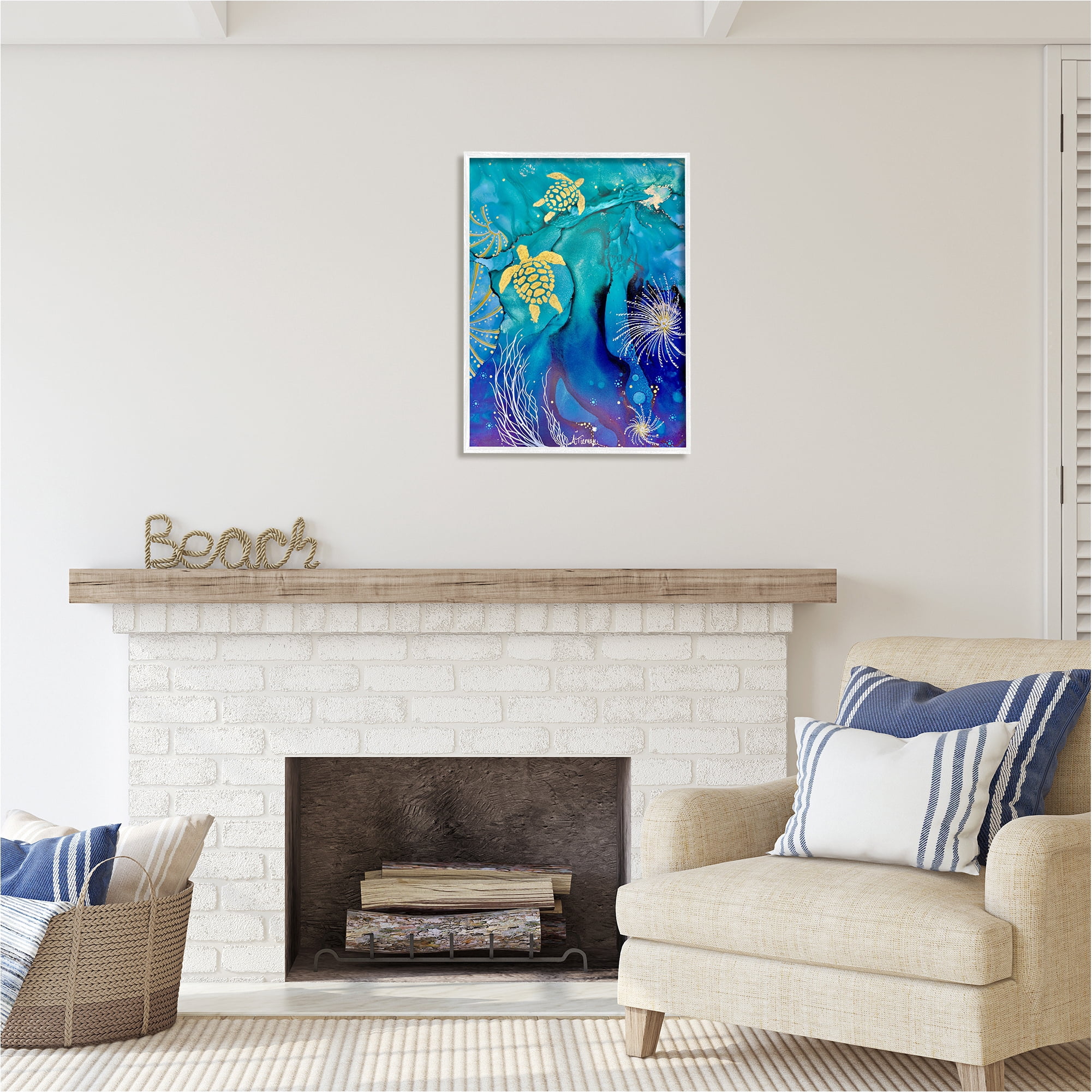 Stupell Industries Abstract Blue Sea Turtles Abstract Painting White Framed Art Print Wall Art, 24 x 30