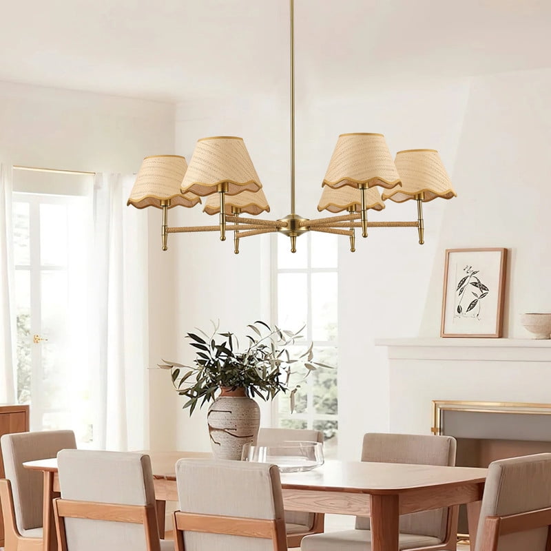 6-Light Pendant Hanging Light, Plated Cooper Dining Room Light Fixture with Paper Knitting Lampshade for Farmhouse