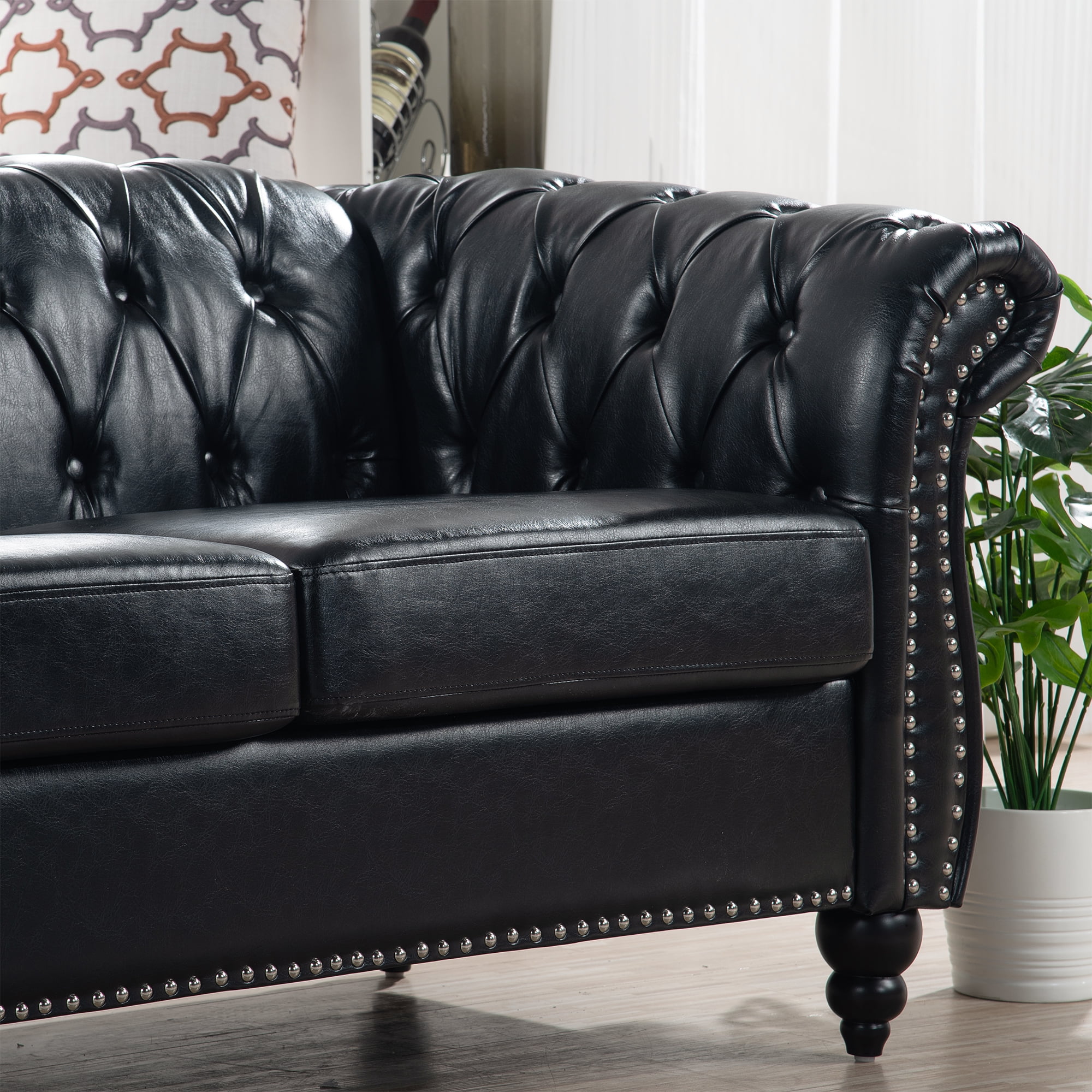 ピース　チェスターフィールド　アメリカ Chesterfield Black 3-Seater Sofa, PU Tufted, Thick Cushion