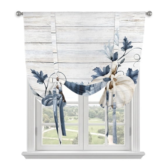 Navy Blue Pumpkin Fall Tie Up Curtains for Windows, Adjustable Balloon Window Shades, Thanksgiving Botanical Wooden Kitchen Window Treatments Adjustable Roll Up Curtain for Basement/Nursery 52"x45"