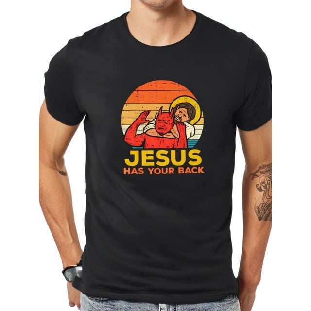 Playera Unisex para AdultoTrendy s, 'Jesus Has Your Back' Print Men's Casual Short Sleeve T-Shirt Tops, Men's Clothing For Summer Tee For Adult, Men, Women, Teen, Teenager, Adolescent, YouthFather's