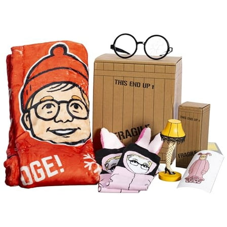 Christmas Story Gift Box Set – Cozy Fleece Blanket, Pink Bunny Socks, Iconic Leg Lamp Prop, Ralphie Glasses & Stickers