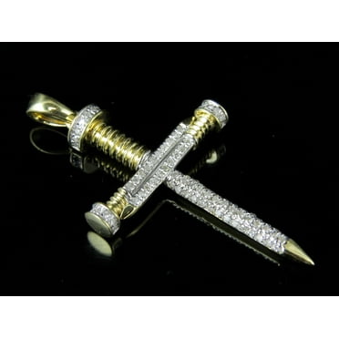 10k Yellow Gold Mens Nail Style Cross Genuine Diamonds Charm Pendant .33Ct 1.5"