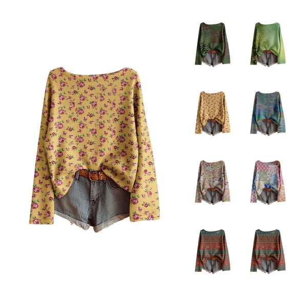 Oversized Sweaters for Women Long Sleeve Casual Crewneck Drop Shoulder Boho Floral Pattern Pullover Sweater Fall Knit Tops