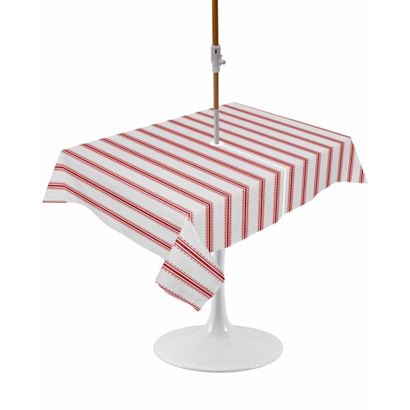 Red Striped Rectangle Outdoor Tablecloth, Waterproof Table Cloth Cover with Umbrella Hole and Zipper, Red White Stripes Farmhouse Table Protector for Patio Party Picnic 60"x102"