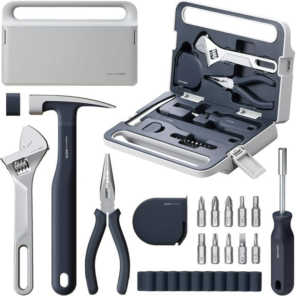 HOTO Hand Tool Set/Home Tool Kit, Household DIY Set with Screwdriver Wrench Hammer Tape Plier Tool Box