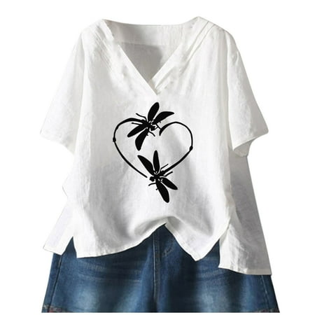 

Womens Short Sleeve Summer Tops for Leggings Plus Size Cute Print Tops Casual Loose Fit V-neck Pullover Blouse Shirts with Split Hem S-3XL