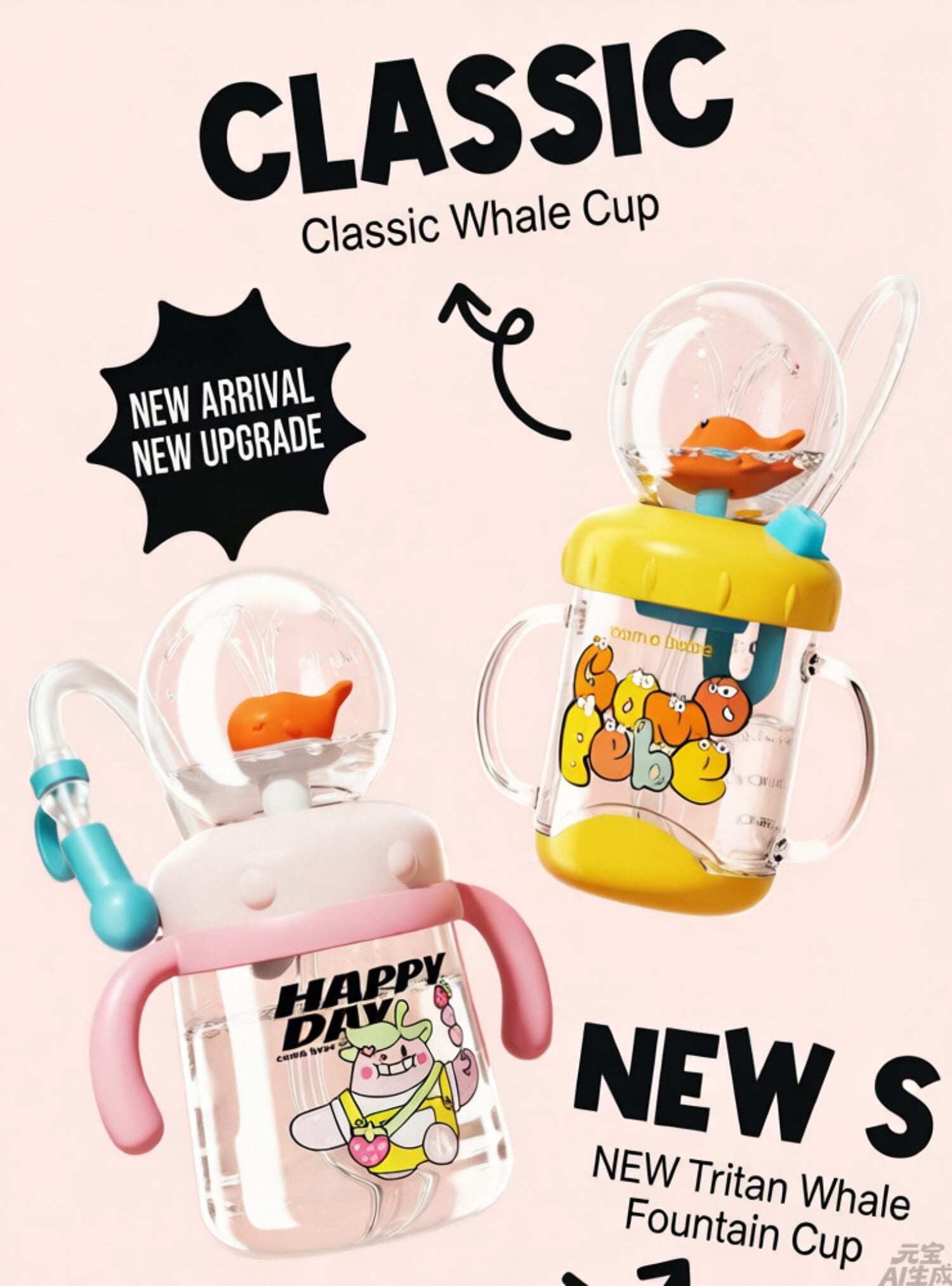 Comobebe Whale Fountain Cup for Kids Toddlers: 10oz/300ml Spill Proof Toddler Sippy  with Handle & Strap, Bpa-Free Forsippy Cups for Toddlers 1-3,Kids Water Bottle (Pink)