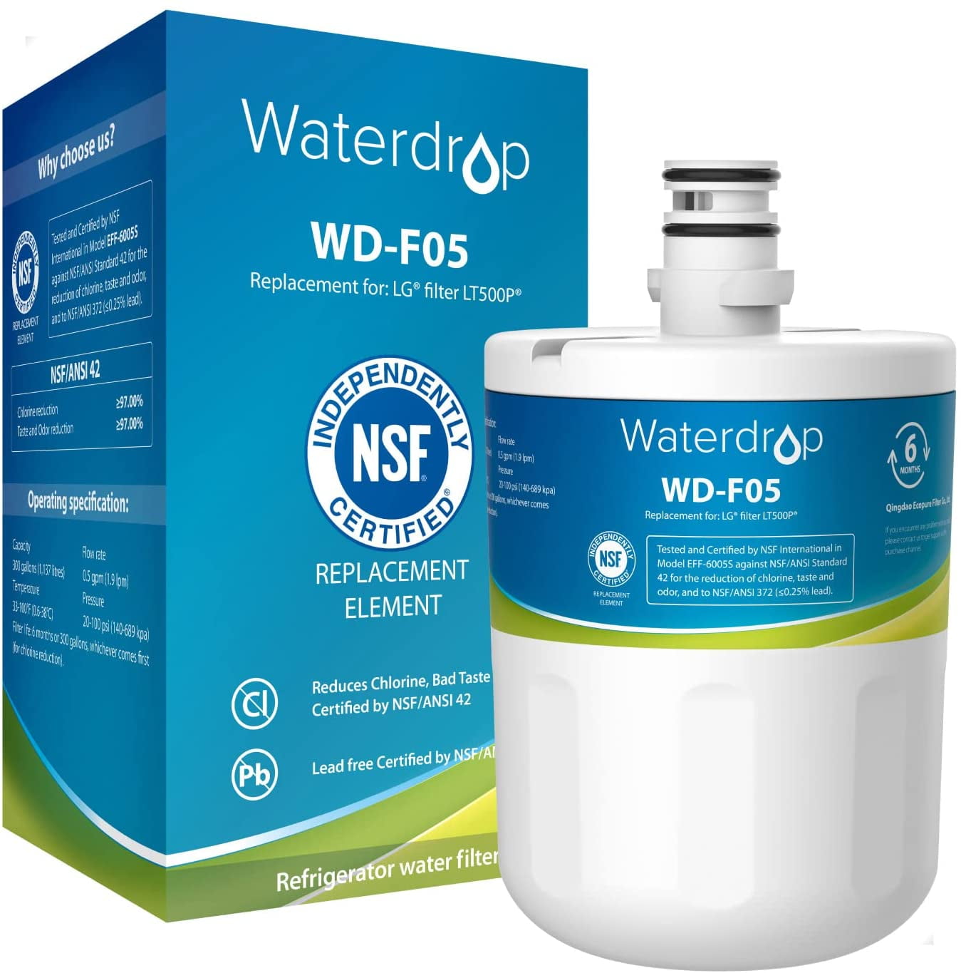 Waterdrop 5231JA2002A Refrigerator Water Filter, Replacement for LG® LT500P®, GEN11042FR-08, ADQ72910911, ADQ72910901, Kenmore 9890, 46-9890, LFX25974ST, LMX25964ST, 1 Pack, Packing May Vary