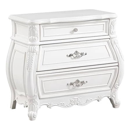 Valena Nightstand- 3 Drawers- White Solid Wood- Metal Handles- 31 Inch
