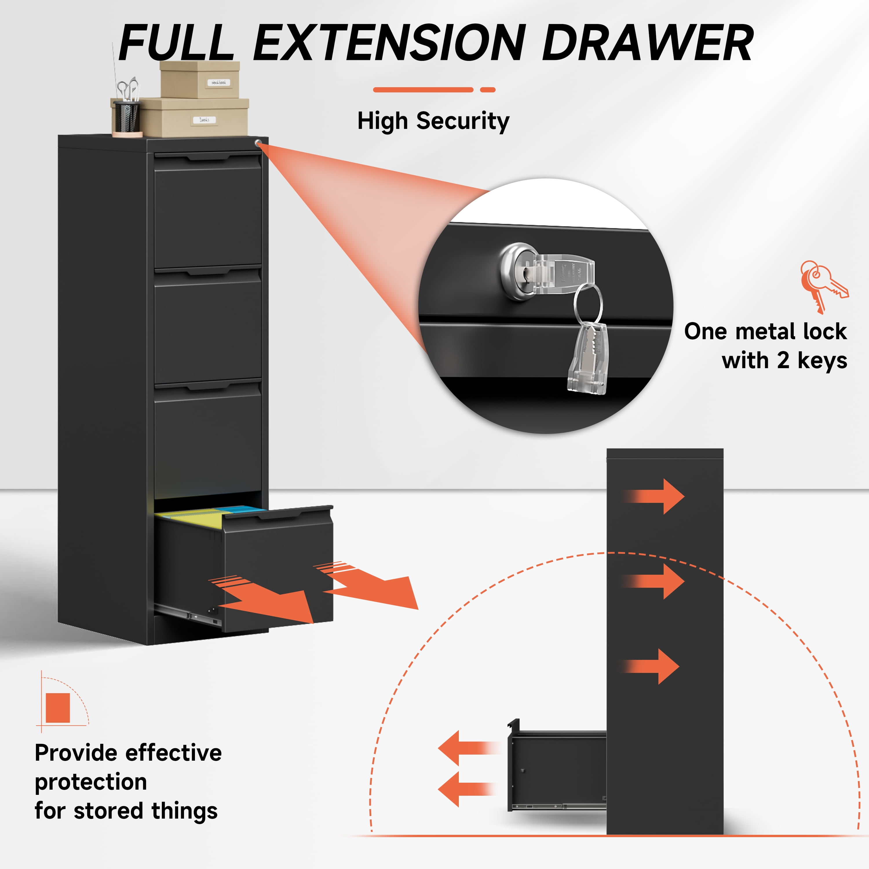 Kooyon 4 Drawer File Cabinet with Lock, 17.8" Deep Metal Filing Cabinet for Home Office, Black, Fits Letter/A4/Legal Folders, Easy Assembly-Black