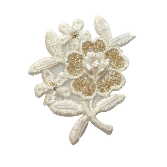 ID 6790 White Gold Beaded Flower Patch Garden Bunch Embroidered Iron On Applique