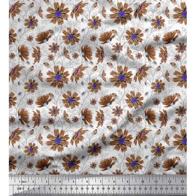 Soimoi Poly Georgette Fabric Leaves & Cosmos Floral Print Sewing Fabric Yard 52 Inch Wide