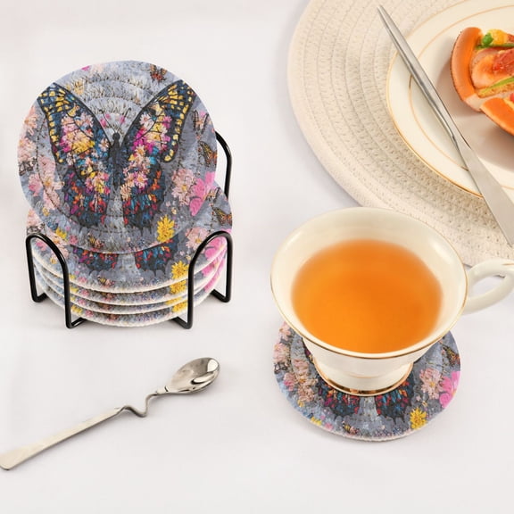 BZSMCE 6Pcs Drink Coasters With Holder 3.94Inch Butterflies and Flowers Illustration Creative Coil Coaster Coasters Colors Absorbent Coasters for Drinks Coasters Set Thicken Heat for Home Table