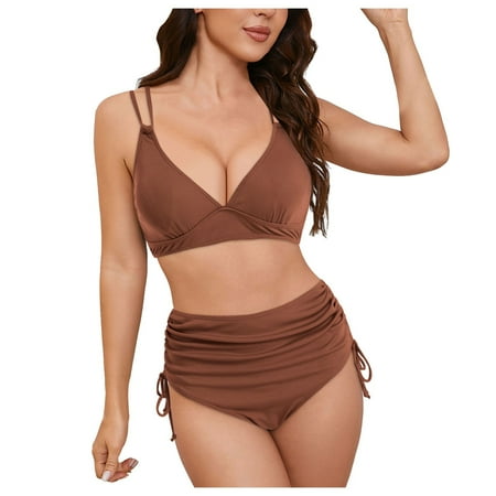 CAICJ98 Womens Bikini Sets 2 Piece Swimsuit Scoop Neck 2025 Racerback Top Tummy Control Tie Knot Bathing Suits Floral Bottoms Coffee L