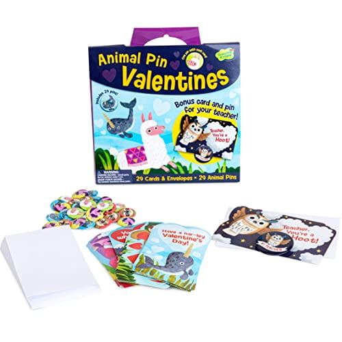 Peaceable Kingdom Valentines Day Cards for Kids, Animal Pins Valentines Assortment, 29 Cards with Animal Pins