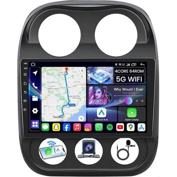 [4Core 64GB] Car Radio Stereo for Jeep Compass Patriot 2010-2016: Upgrade 5G WiFi 10.1" 1280 * 800 Touchscreen Head Unit Wireless Carplay Android Auto Bluetooth GPS FM SWC Mirror Link Backup Camera