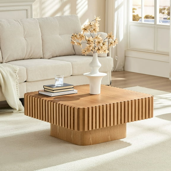 31.5" Square Fluted Drum Coffee Table, Handcrafted Accent Center Table, Modern Contemporary Pedestal Coffee Table, for Living Room Small Space, Natural
