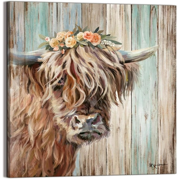 dashuaibi--Highland Cow Picture Wall Decor Canvas Print Painting Art Vintage Country Farmhouse Art for Gifts and Home Decor Ready to Hang Dining Room Bedroom Living Room Kitchen Bathroom Office