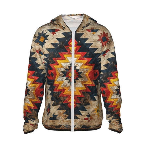 Women Men Sun Protection Hoodie Jacket Zip Long Sleeve Shirt Hiking Outdoor , Vintage Ethnic Aztec Native Southwest American