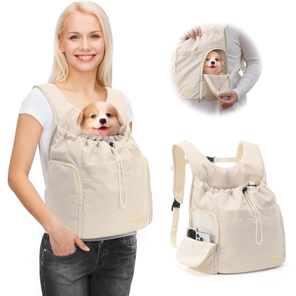 Hands-Free Pet Front Carrier Backpack – Adjustable Dog & Cat Chest Sling with Breathable Mesh, Multiple Pockets & Safety Buckles for Small Pets Up to 17 lbs, Travel Hiking Carrier (Beige)