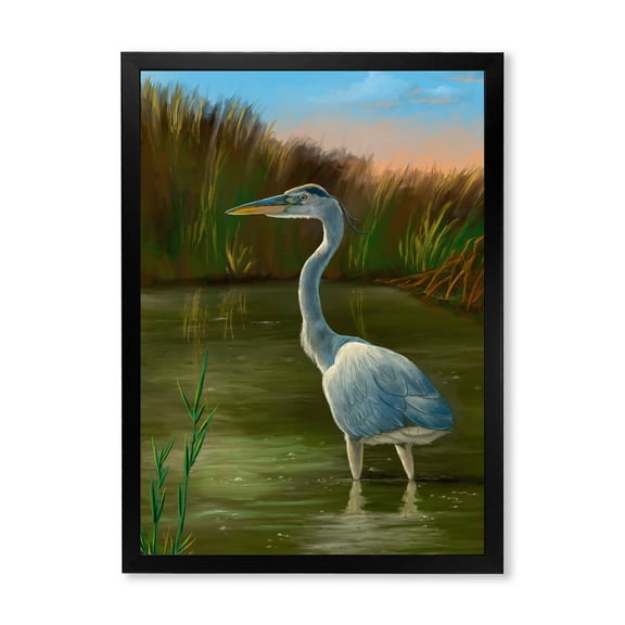 Designart 'Blue Heron Wetland Bird on The Lake Shore' Traditional Framed Art Print
