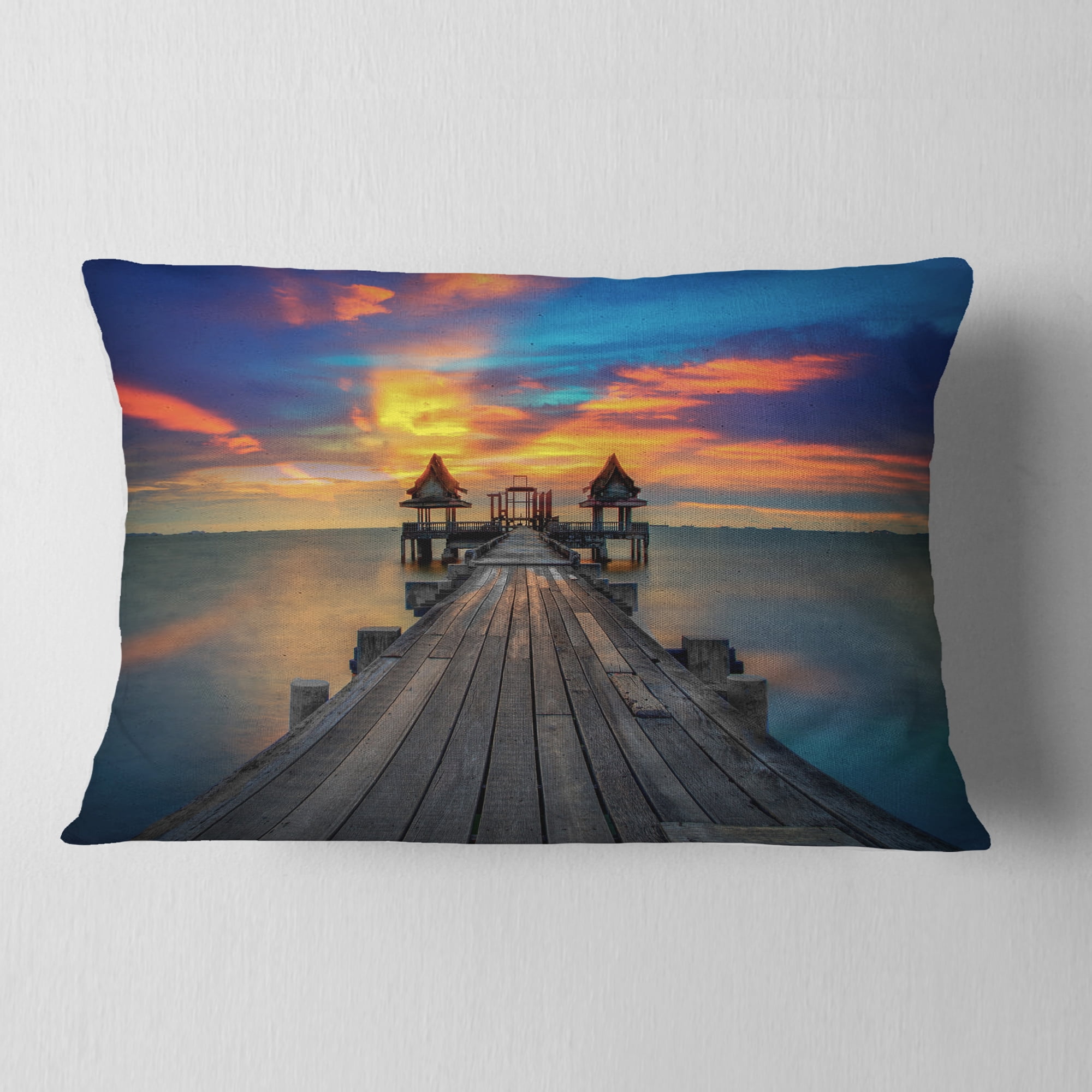 Designart Wide Wooden Bridge into Distant Sun - Pier Seascape Throw Pillow - 12x20