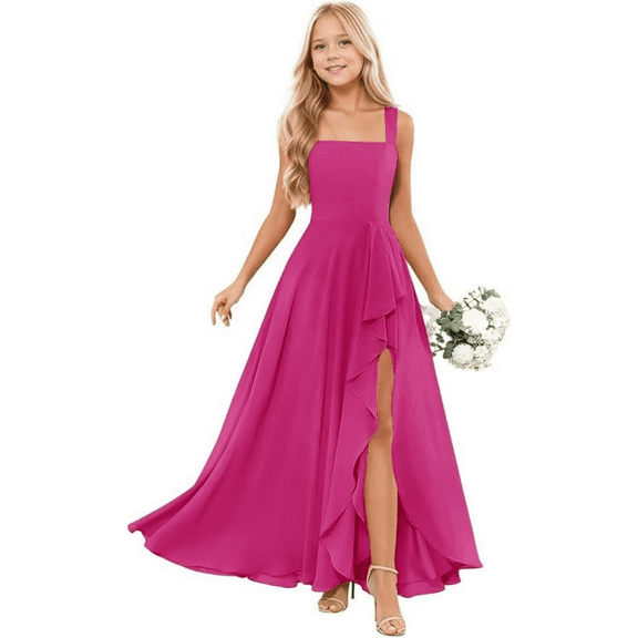 Junior Bridesmaid Dresses for Girls Formal Dress with Spaghetti Straps High Slit Skirt Elegant Teen Dresses Perfect for Weddings Parties Fuchsia-14Y