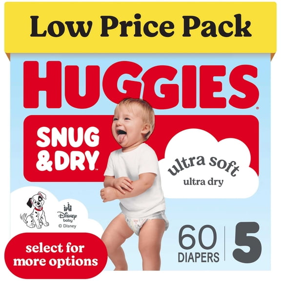 Huggies Snug & Dry Baby Diapers, Size 5 (25-37 lbs), 60 Count (Select for More)