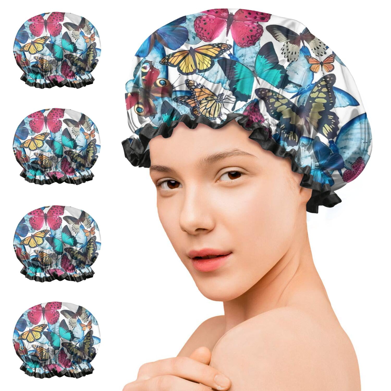 Shower Caps,Butterfly Blue Pink Wing Pattern Waterproof Shower Cap for Women 4 Pieces,Double Reusable Hair Cover for Shower PEVA Elastic Stretch Hem
