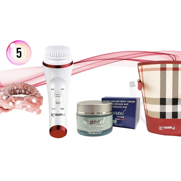 LINSAY UltraSonic Facial & Body cleansing Brush with Temperature control Bundle with le preel Paris Organic Night Time Cream, USB Cable, Headband and Bag