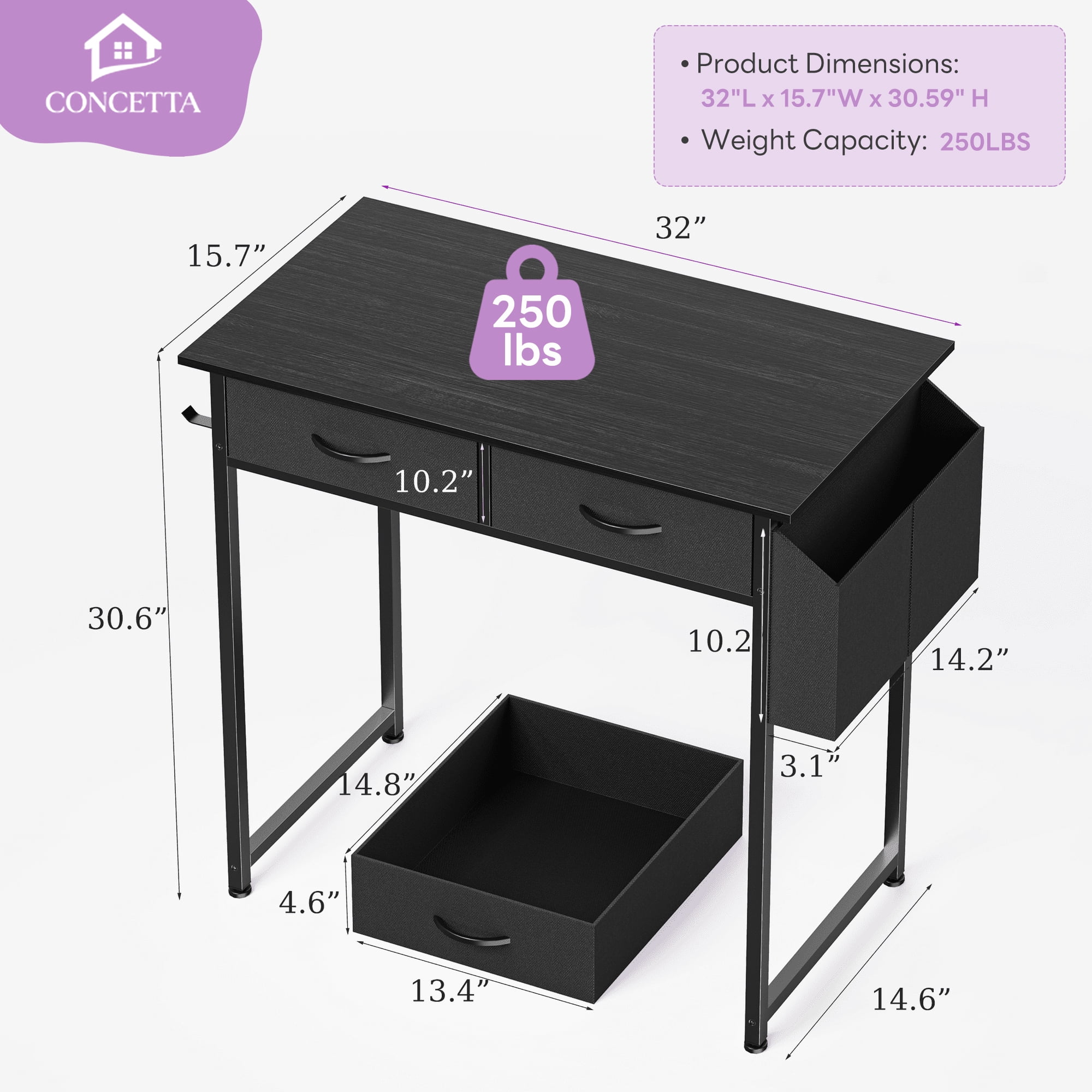 CONCETTA 32 inch Small Computer Desk with Fabric Drawers & Storage Bag Iron Hook for Bedroom, Black