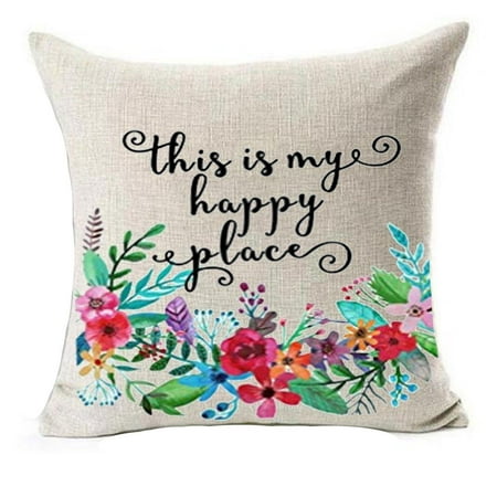 Plant flower phrases This is my happy place Inspirational Housewarming Birthday Gift Cotton Linen Throw Pillow covers Case Cushion Cover Sofa Decorative Square 18 x 18 inch (2)