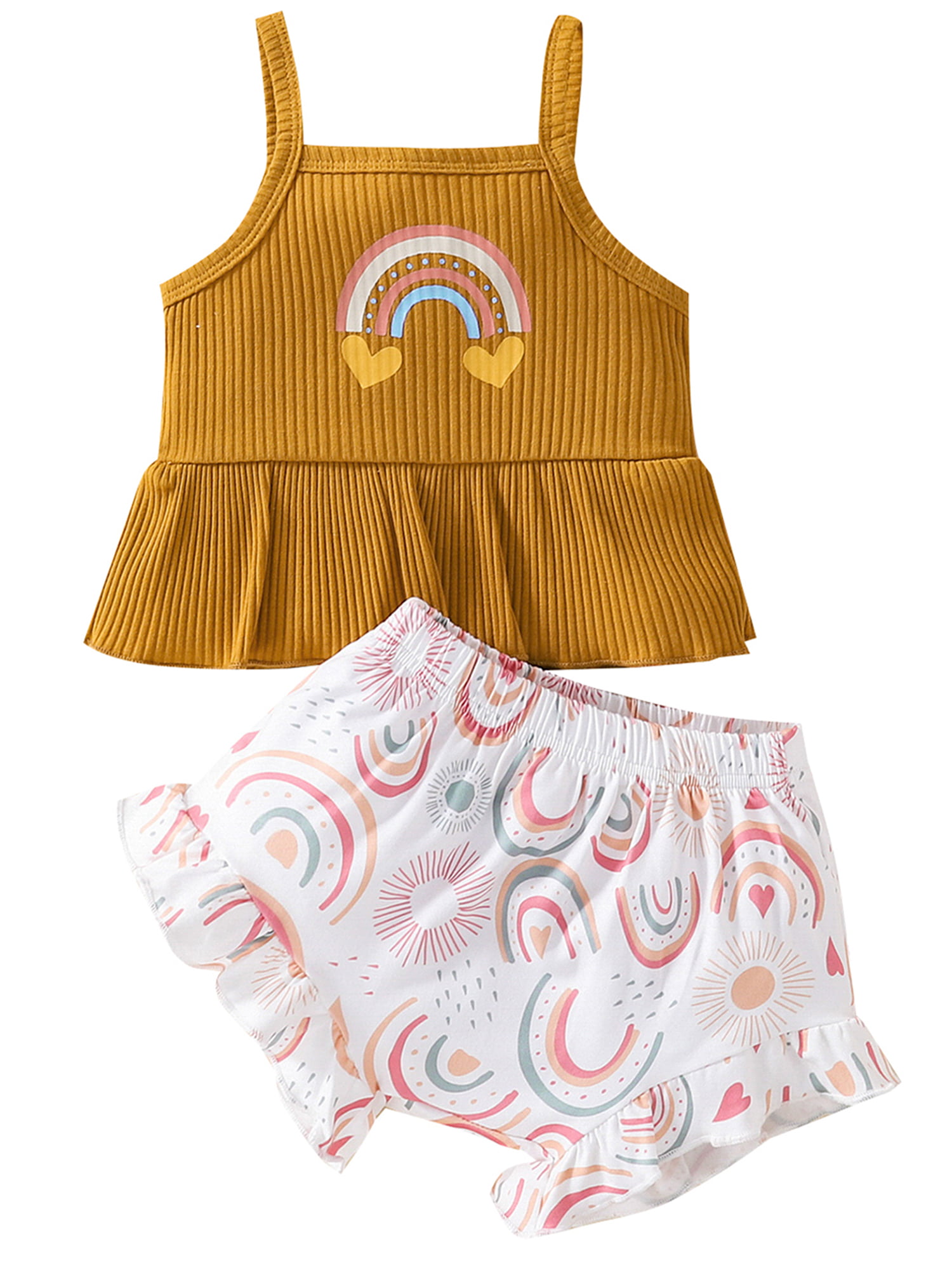 Toddler Baby Girl Outfits Solid Crop Top Halter Vest Button Tank Top Heart Print Shorts Set 2Pcs Summer Clothes Set 