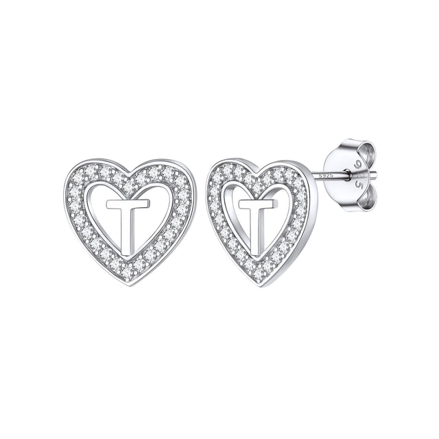 Pendientes de corazón de plata esterlina Silvora con Letra T Joyería hipoalergénica